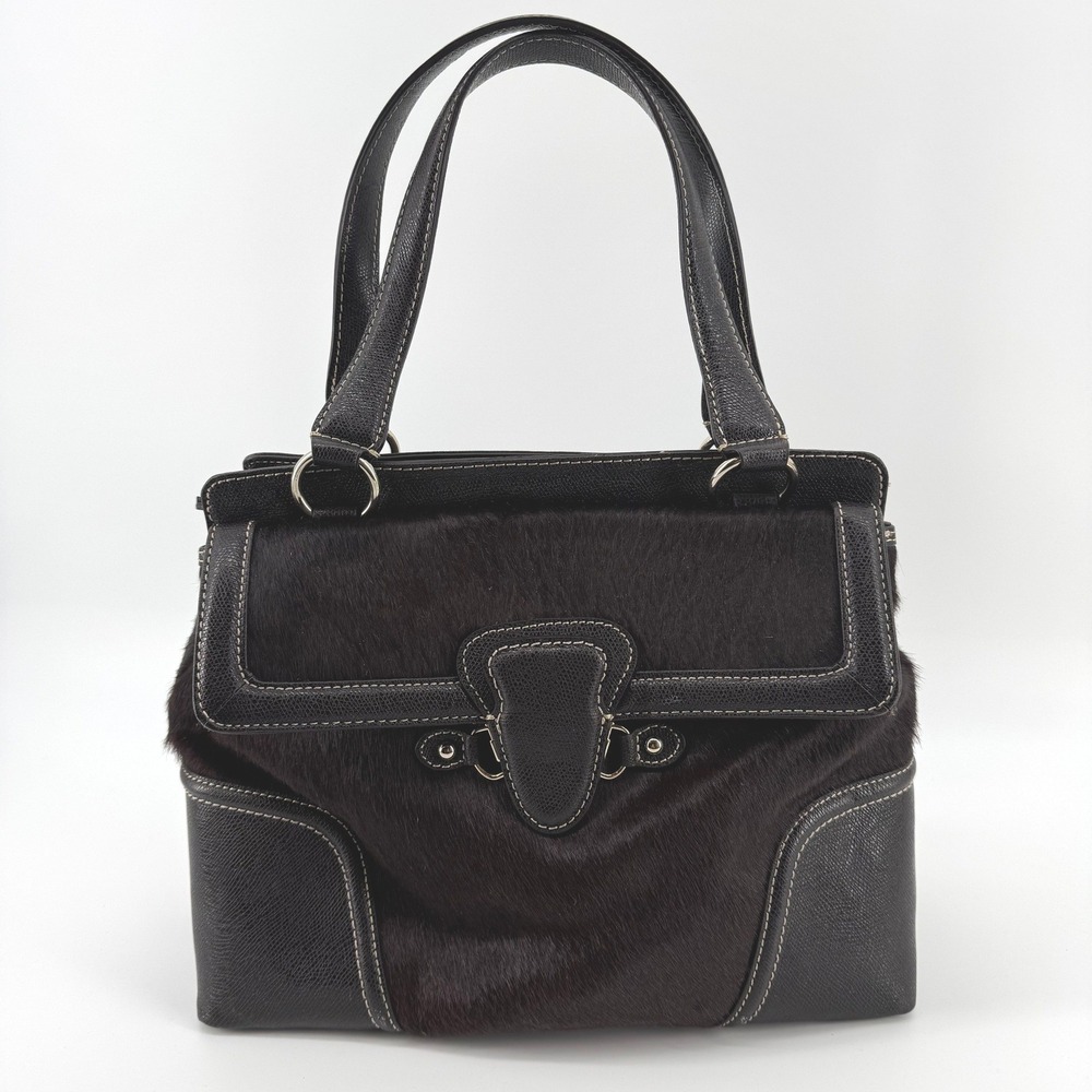 Talbots Shoulder Bag Medium Dark Chocolate Brown Calf Hair Leather Leopard Lined